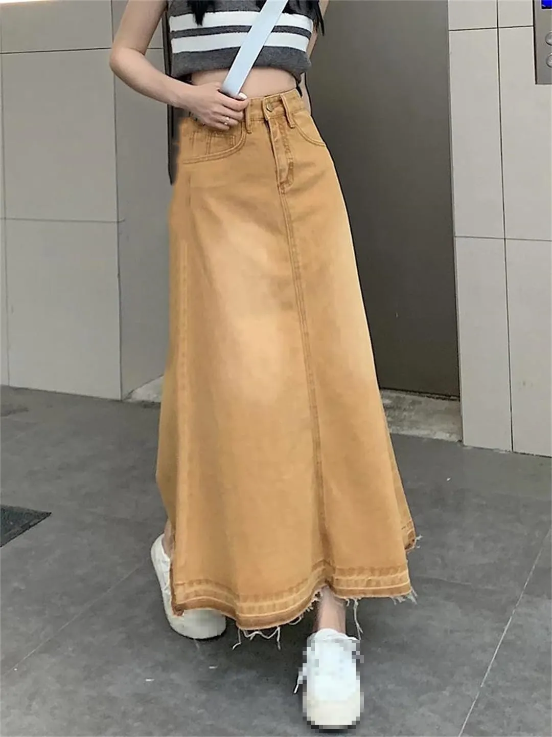 Women's High Waisted 5-Pocket Fringed Maxi Skirt Loose Casual Ankle-Length Work Skirts