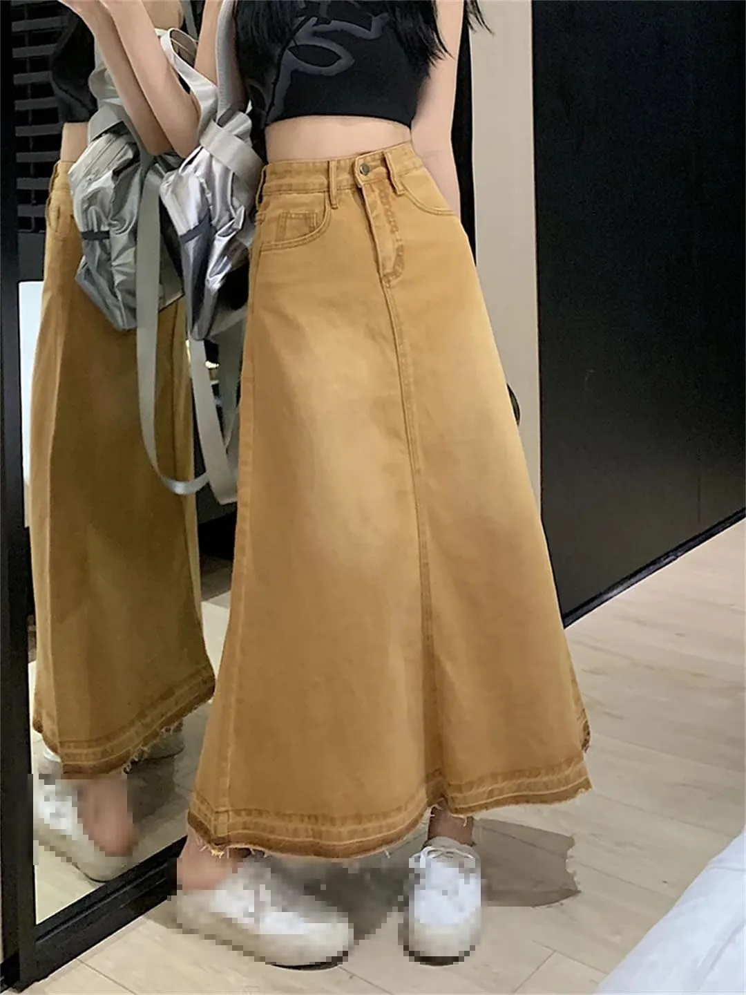 Women's High Waisted 5-Pocket Fringed Maxi Skirt Loose Casual Ankle-Length Work Skirts
