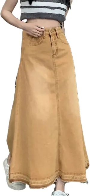 Women's High Waisted 5-Pocket Fringed Maxi Skirt Loose Casual Ankle-Length Work Skirts