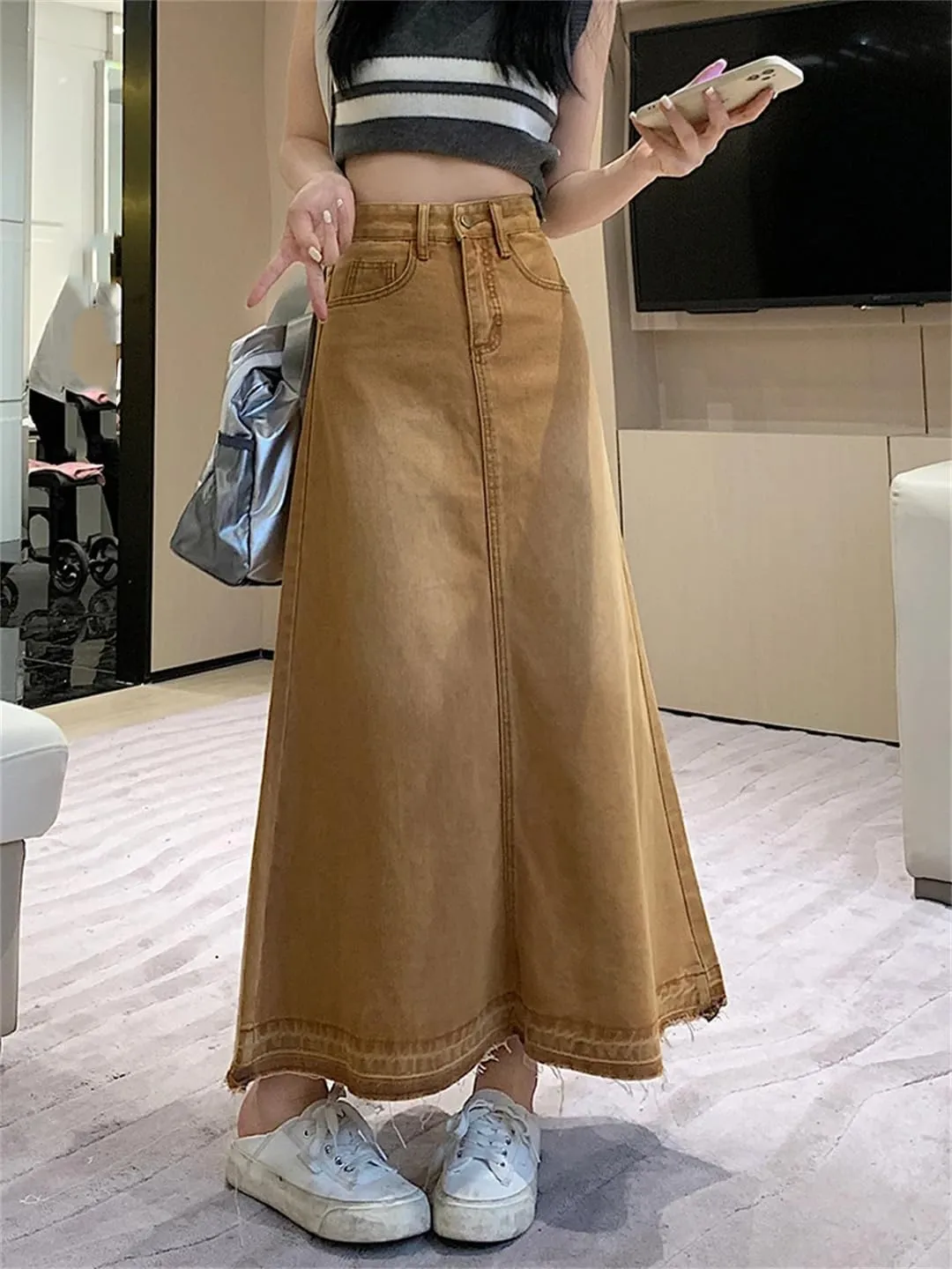 Women's High Waisted 5-Pocket Fringed Maxi Skirt Loose Casual Ankle-Length Work Skirts