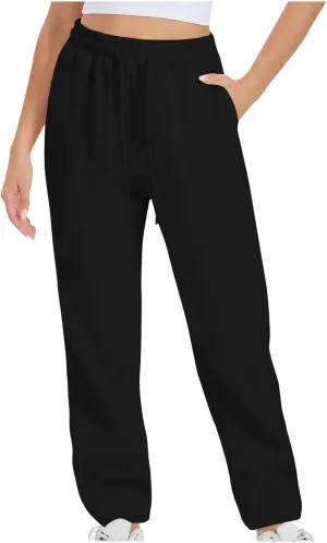 Womens High Waisted Drawstring Waist Wide Leg Sweatpants with Pockets Yoga Workout Casual Athletic Trousers Pants