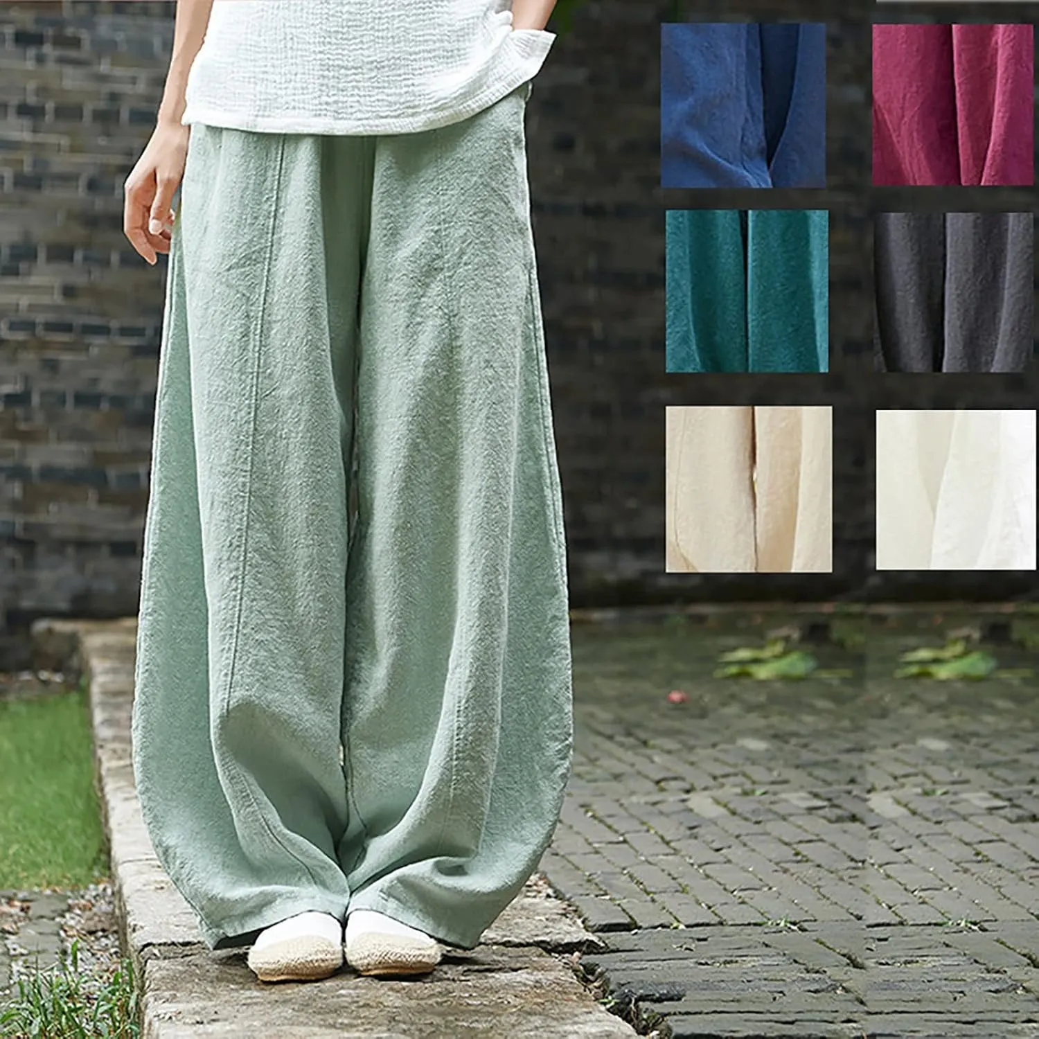 Womens Linen Blend Summer Y2K Fashion Palazzo Lounge Pants Elastic Waist Stretchy Slim Fit Trouser Business Work
