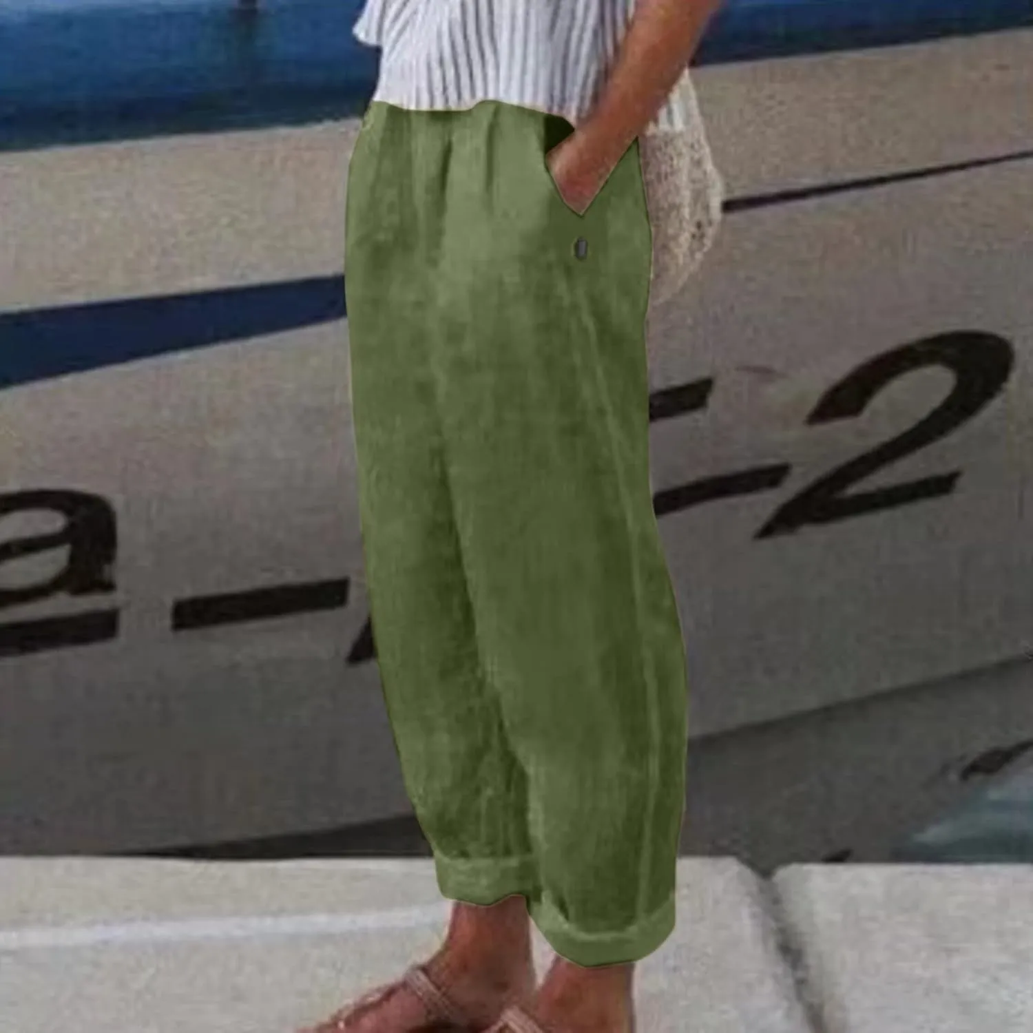 Womens Linen Summer Letter Patched Pants Elastic Waisted Stretchy Straight Plus Size Pant Trousers Vacation