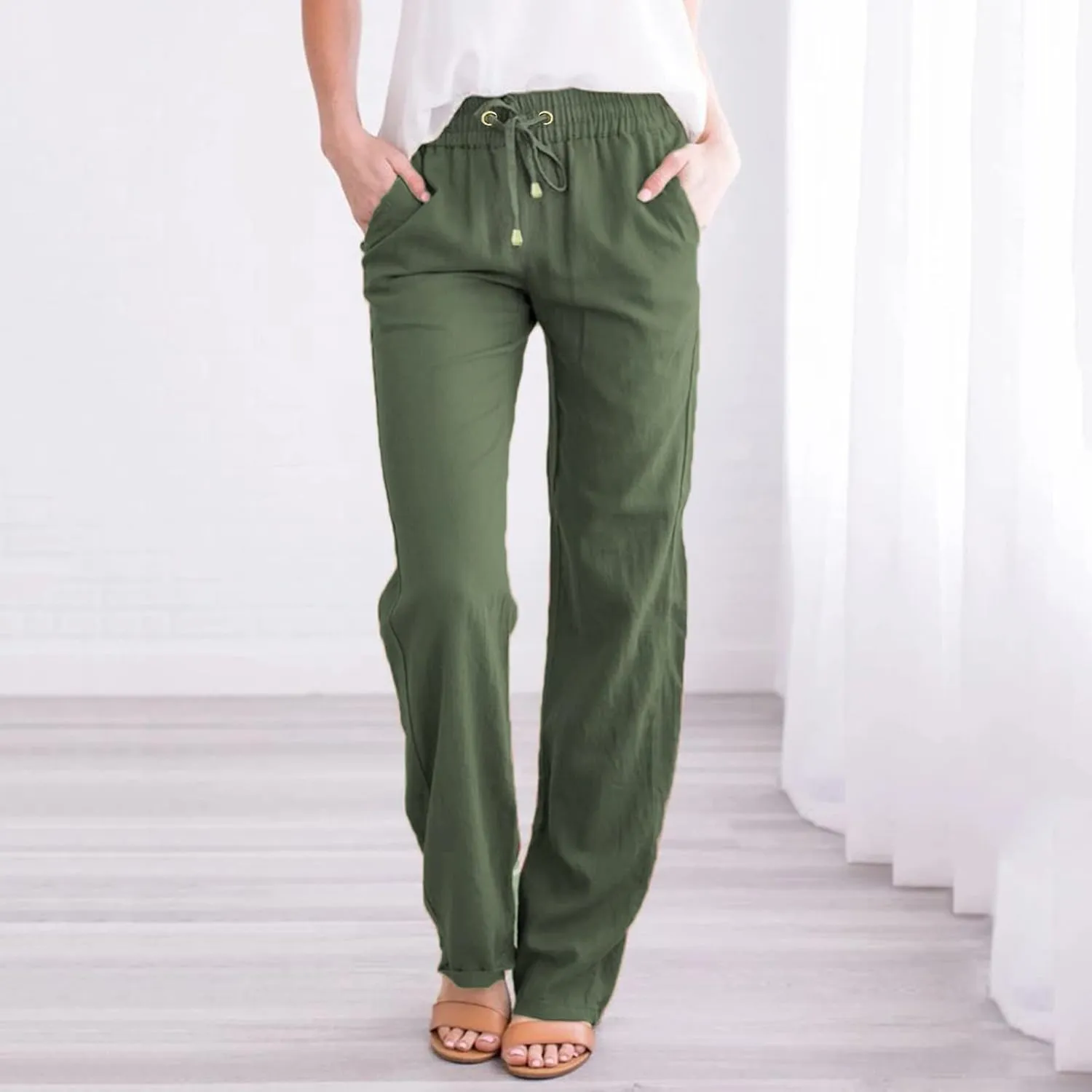 Womens Linen Summer Y2K Streetwear Pant Trousers Elastic Waist Stretchy Loose Fit Pants Vacation