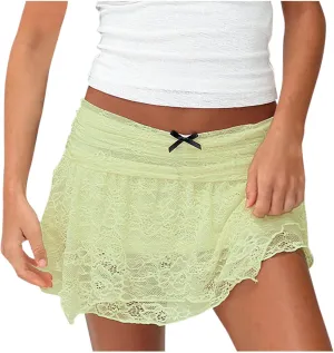 Womens Low Rise Lace Mini Skirt Y2k Bow Double Layer Mesh Short Skirt Flowy Asymmetrical Underskirt Half Slip Skirts