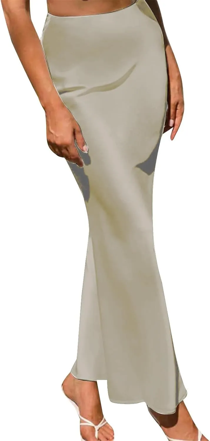 Womens Midi Skirt High Waisted Solid Satin Dress Zipper Elegant Work Skirts Stretch Office Straight Spit Skirt