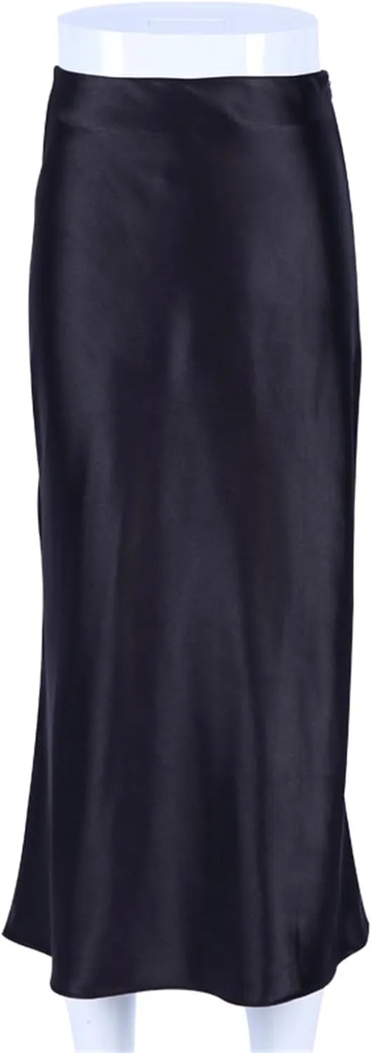 Womens Midi Skirt High Waisted Solid Satin Dress Zipper Elegant Work Skirts Stretch Office Straight Spit Skirt