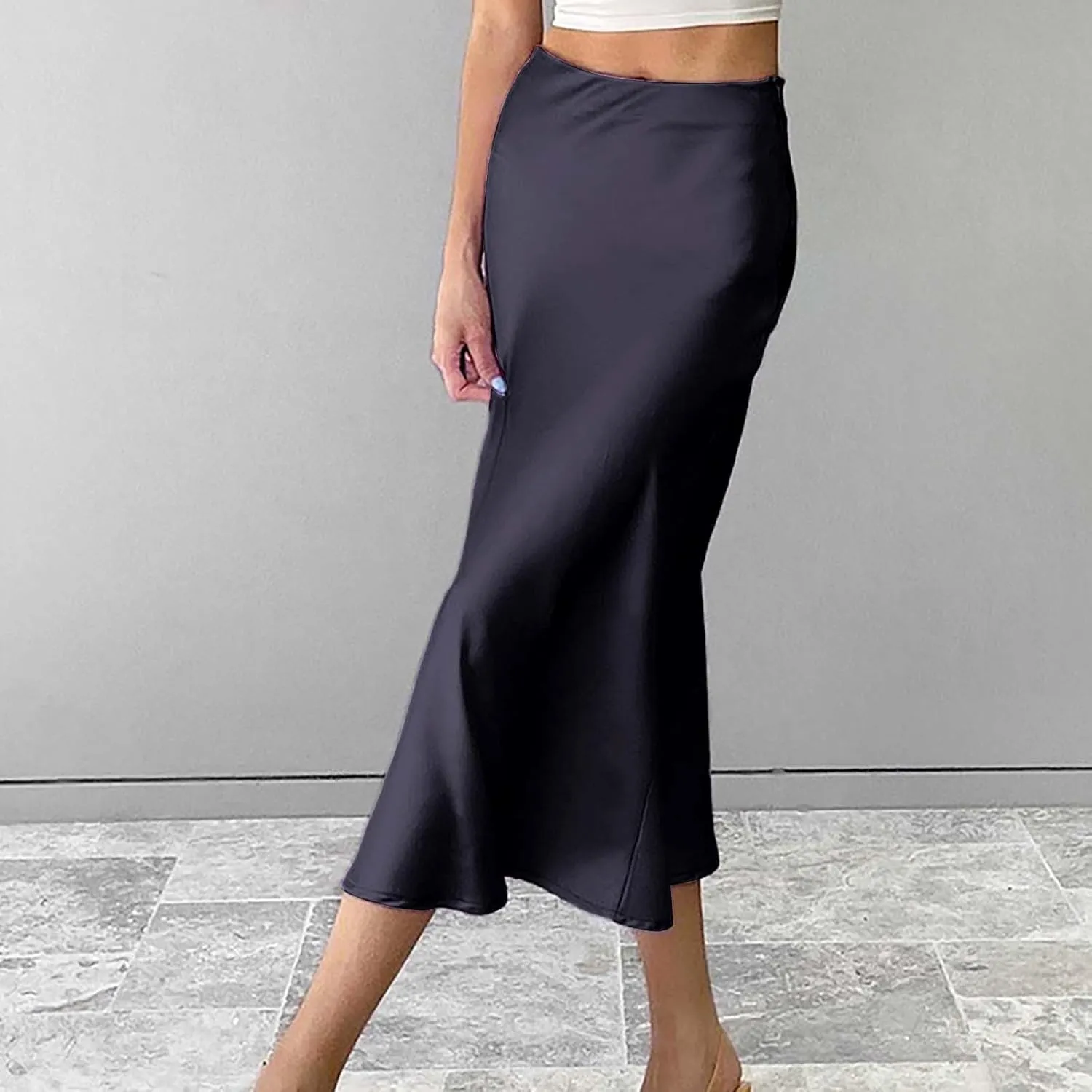 Womens Midi Skirt High Waisted Solid Satin Dress Zipper Elegant Work Skirts Stretch Office Straight Spit Skirt