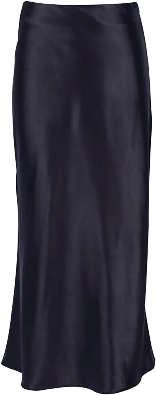 Womens Midi Skirt High Waisted Solid Satin Dress Zipper Elegant Work Skirts Stretch Office Straight Spit Skirt
