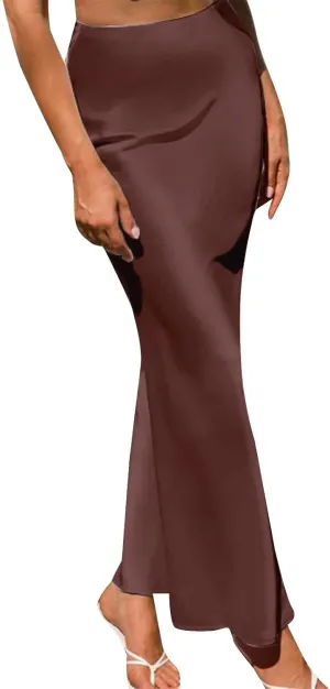 Womens Midi Skirt High Waisted Solid Satin Dress Zipper Elegant Work Skirts Stretch Office Straight Spit Skirt