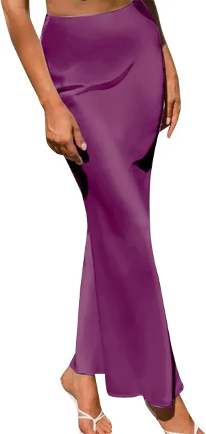 Womens Midi Skirt High Waisted Solid Satin Dress Zipper Elegant Work Skirts Stretch Office Straight Spit Skirt