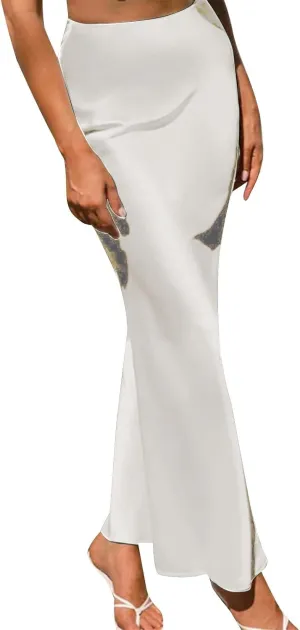 Womens Midi Skirt High Waisted Solid Satin Dress Zipper Elegant Work Skirts Stretch Office Straight Spit Skirt