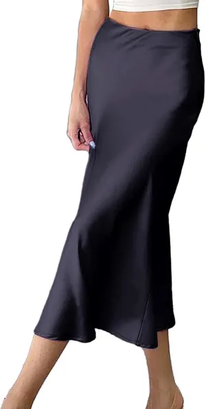 Womens Midi Skirt High Waisted Solid Satin Dress Zipper Elegant Work Skirts Stretch Office Straight Spit Skirt
