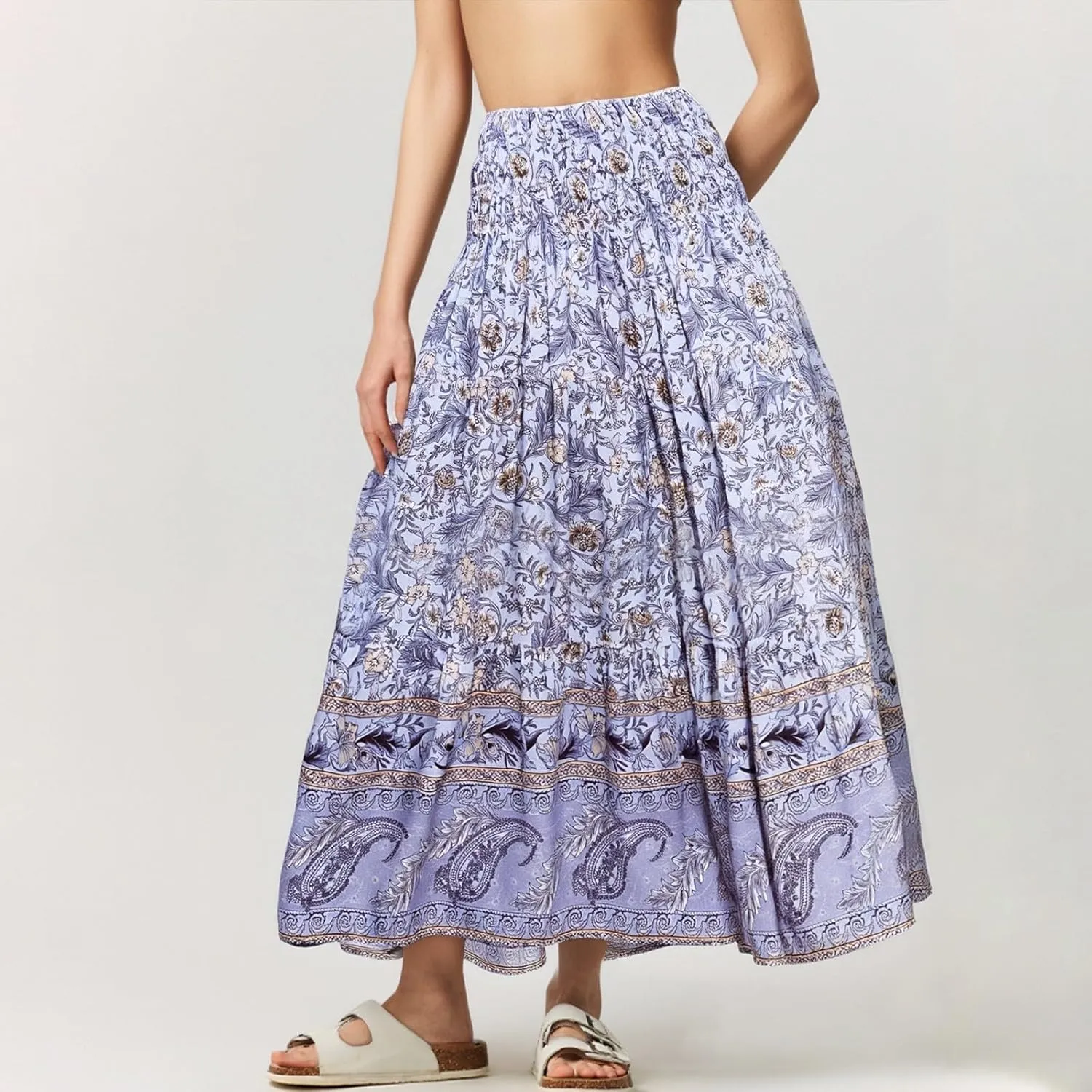 Women's Midi Skirt Summer 2025 Beach Boho Casual Maxi High Waist Vacation Skirts Floral Print Flowy Long Pleated Skirt