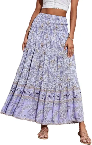 Women's Midi Skirt Summer 2025 Beach Boho Casual Maxi High Waist Vacation Skirts Floral Print Flowy Long Pleated Skirt