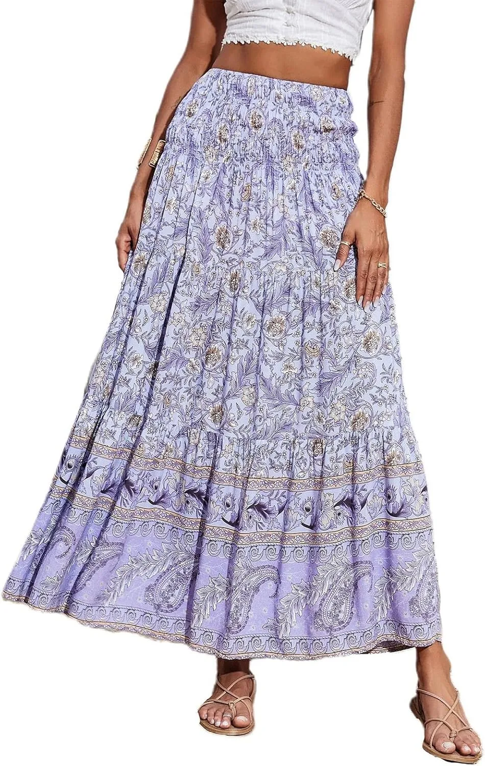 Women's Midi Skirt Summer 2025 Beach Boho Casual Maxi High Waist Vacation Skirts Floral Print Flowy Long Pleated Skirt