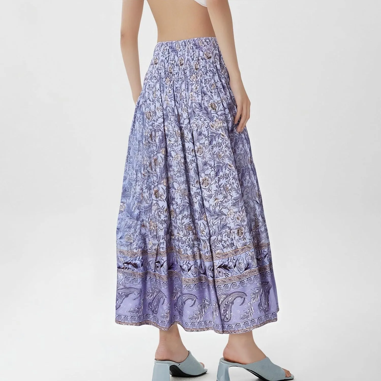 Women's Midi Skirt Summer 2025 Beach Boho Casual Maxi High Waist Vacation Skirts Floral Print Flowy Long Pleated Skirt
