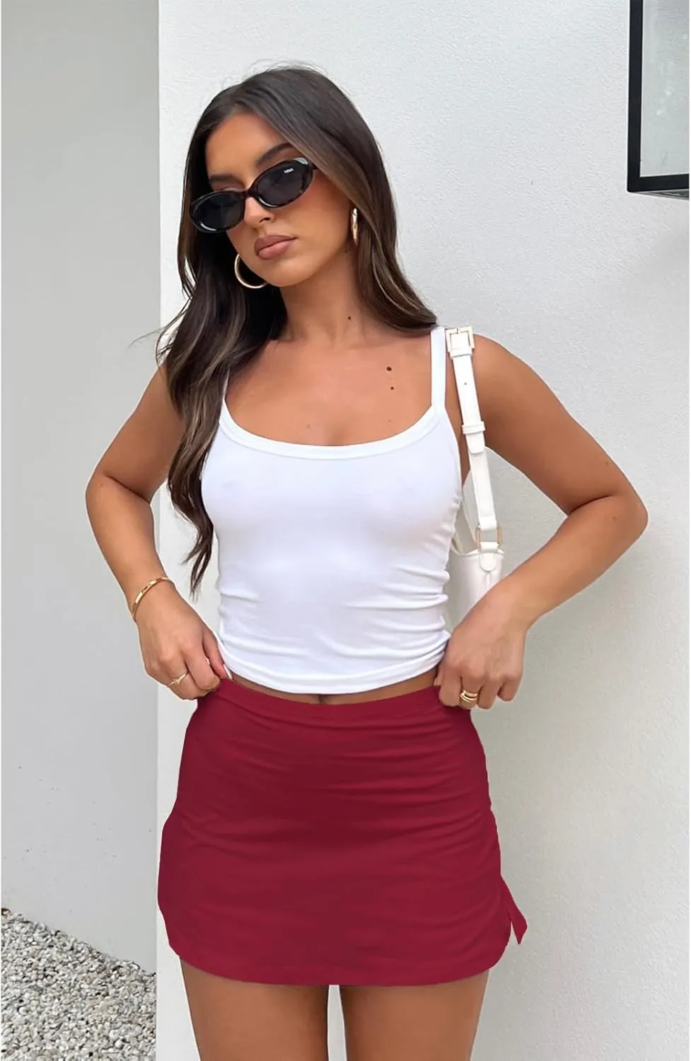 Womens Mini Skort, Mid Waist Sexy Side Split Hem Summer Y2k Bodycon Mini Skirt with Shorts