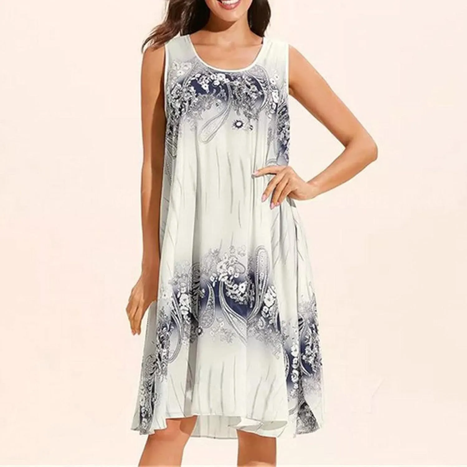 Women's Plus Size Sleeveless Summer Sundresses Swing Floral Swing Casual Midi Dress Beach Loose Flutter Sundress