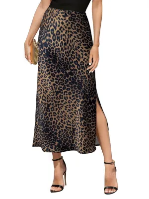Women's Satin High Waisted Side Split Maxi Skirt Elastic Waistband Elegant Work Skirts Party A-Line Skirts