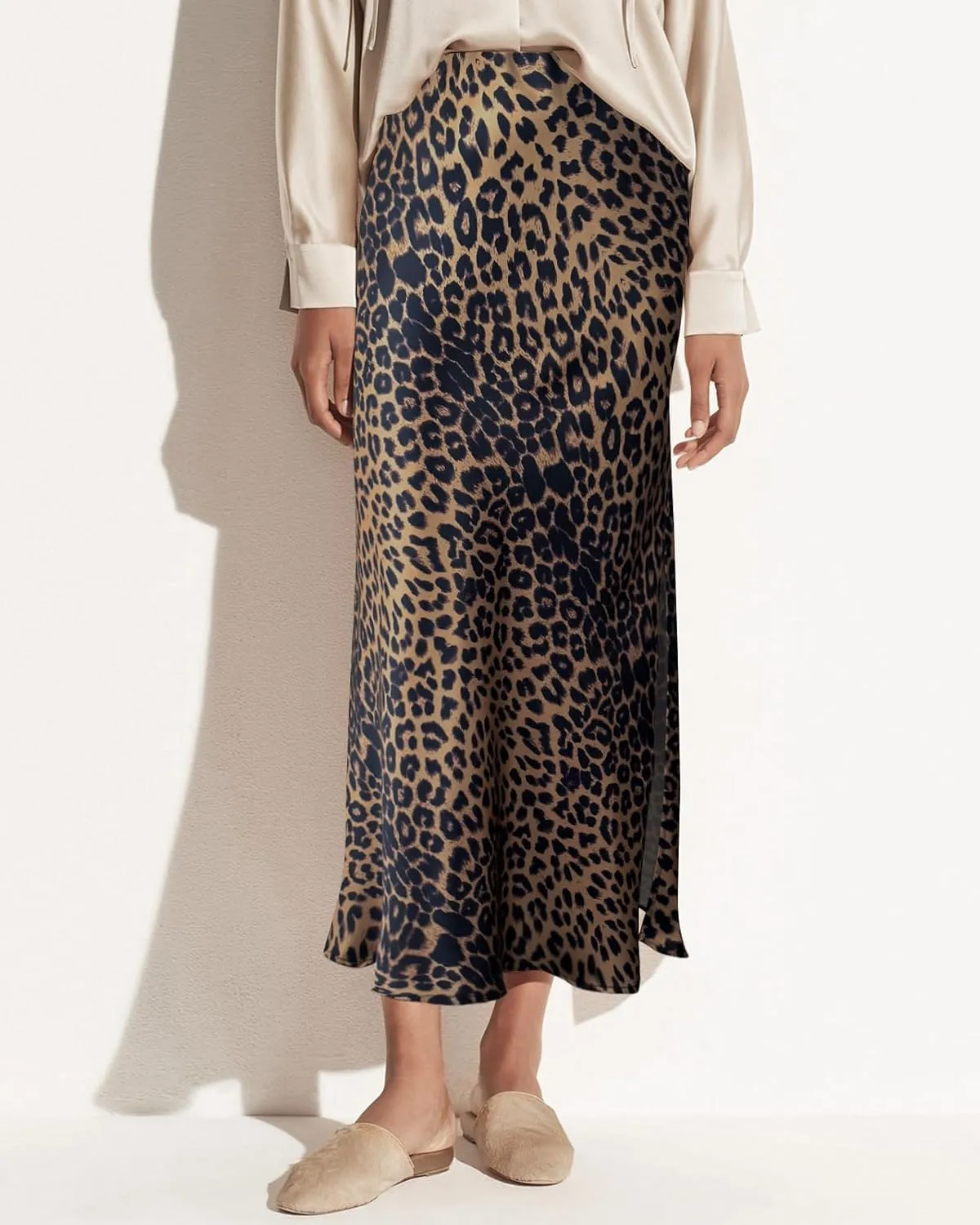 Women's Satin High Waisted Side Split Maxi Skirt Elastic Waistband Elegant Work Skirts Party A-Line Skirts
