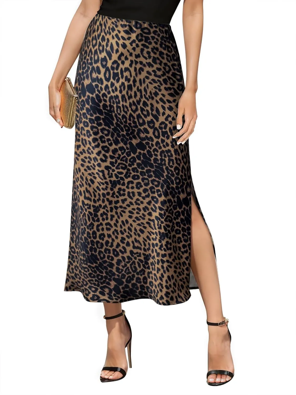 Women's Satin High Waisted Side Split Maxi Skirt Elastic Waistband Elegant Work Skirts Party A-Line Skirts