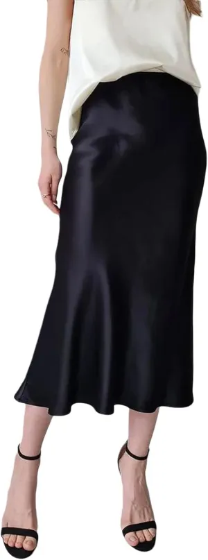 Women's Satin Midi Skirts High Waist Solid Color A Line Long Skirt Elegant Silk Casual Work Skirts