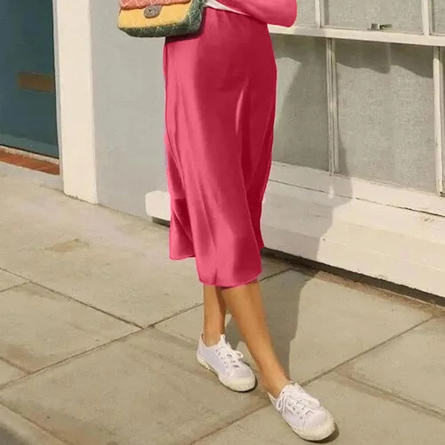 Women's Satin Midi Skirts High Waist Solid Color A Line Long Skirt Elegant Silk Casual Work Skirts