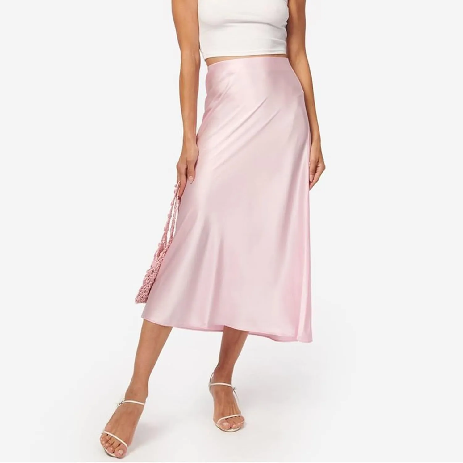 Women's Satin Midi Skirts High Waist Solid Color A Line Long Skirt Elegant Silk Casual Work Skirts