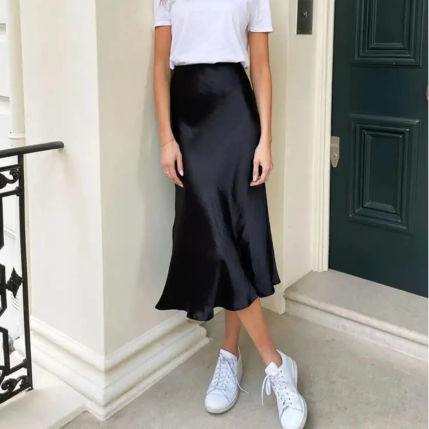 Women's Satin Midi Skirts High Waist Solid Color A Line Long Skirt Elegant Silk Casual Work Skirts