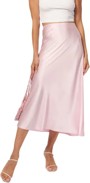 Women's Satin Midi Skirts High Waist Solid Color A Line Long Skirt Elegant Silk Casual Work Skirts