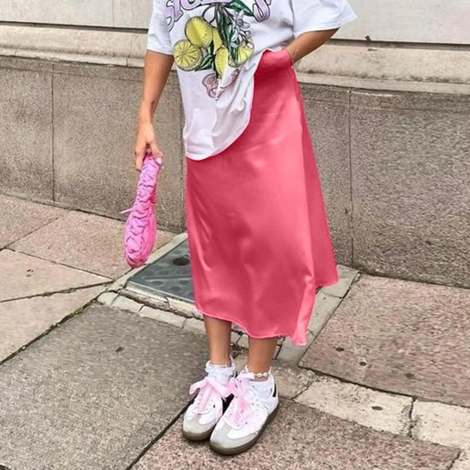 Women's Satin Midi Skirts High Waist Solid Color A Line Long Skirt Elegant Silk Casual Work Skirts