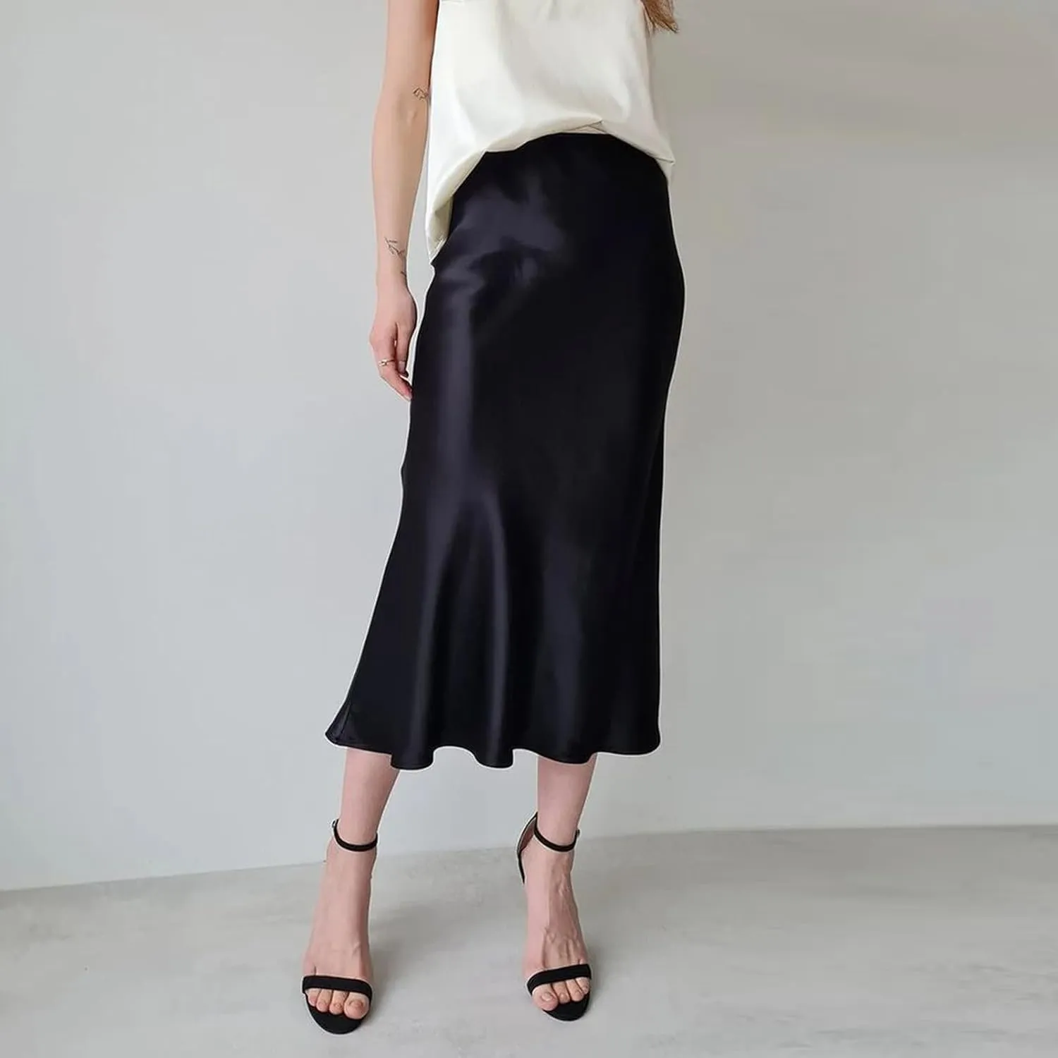 Women's Satin Midi Skirts High Waist Solid Color A Line Long Skirt Elegant Silk Casual Work Skirts