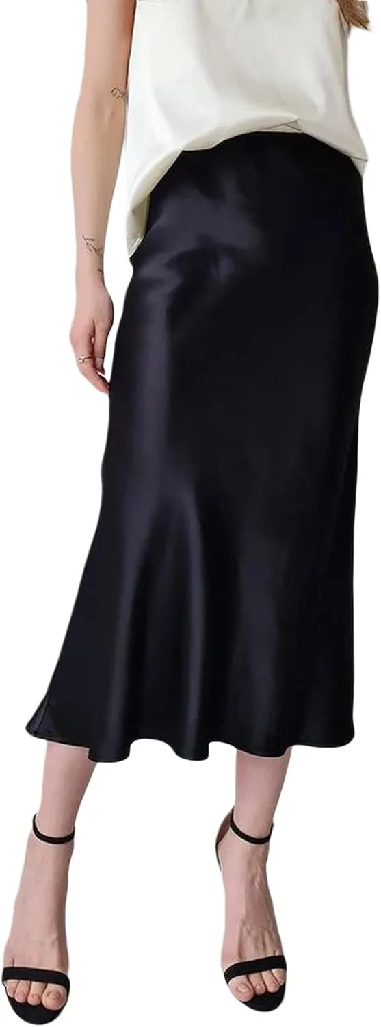 Women's Satin Midi Skirts High Waist Solid Color A Line Long Skirt Elegant Silk Casual Work Skirts