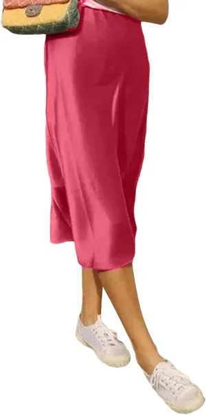 Women's Satin Midi Skirts High Waist Solid Color A Line Long Skirt Elegant Silk Casual Work Skirts