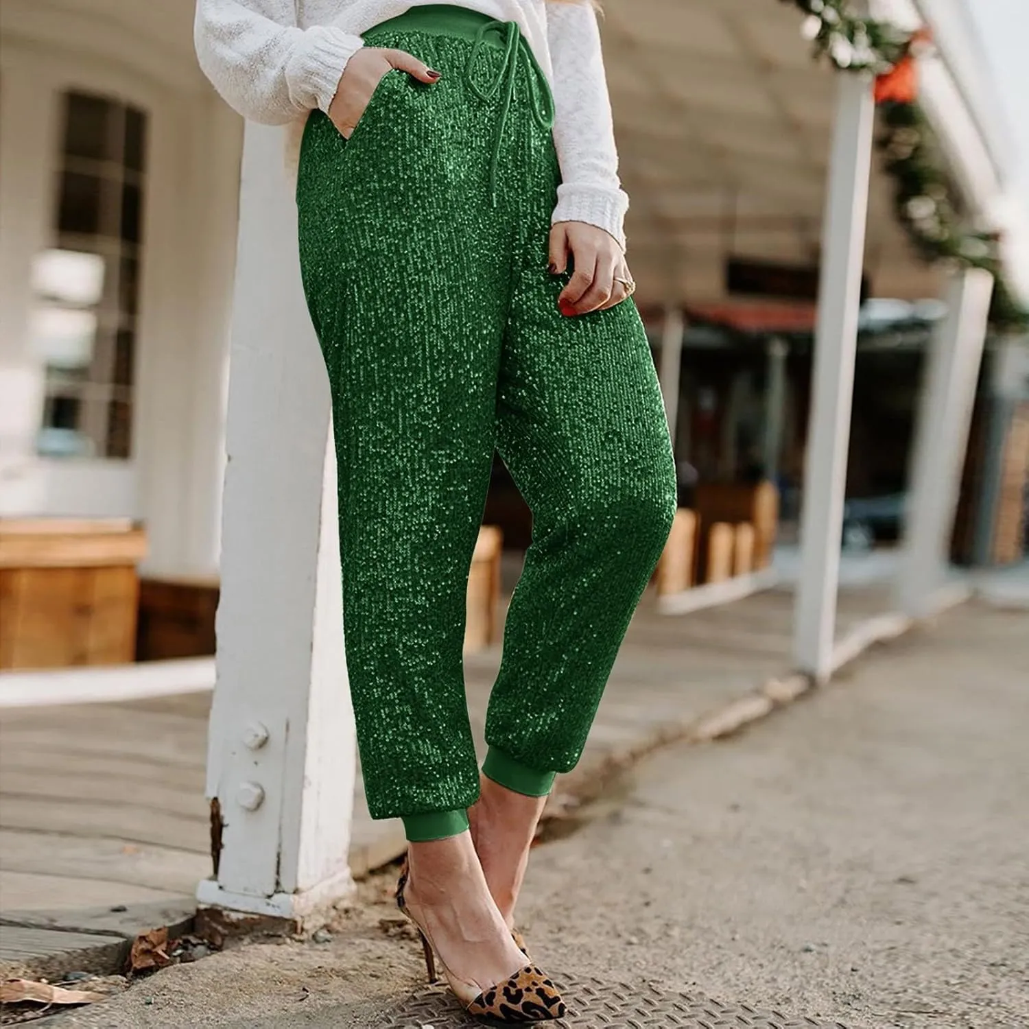 Womens Sequin Jogging Pants High Waist Drawstring Sweatpants Elastic Waist Loose Fit Shimmer Trousers with Pockets