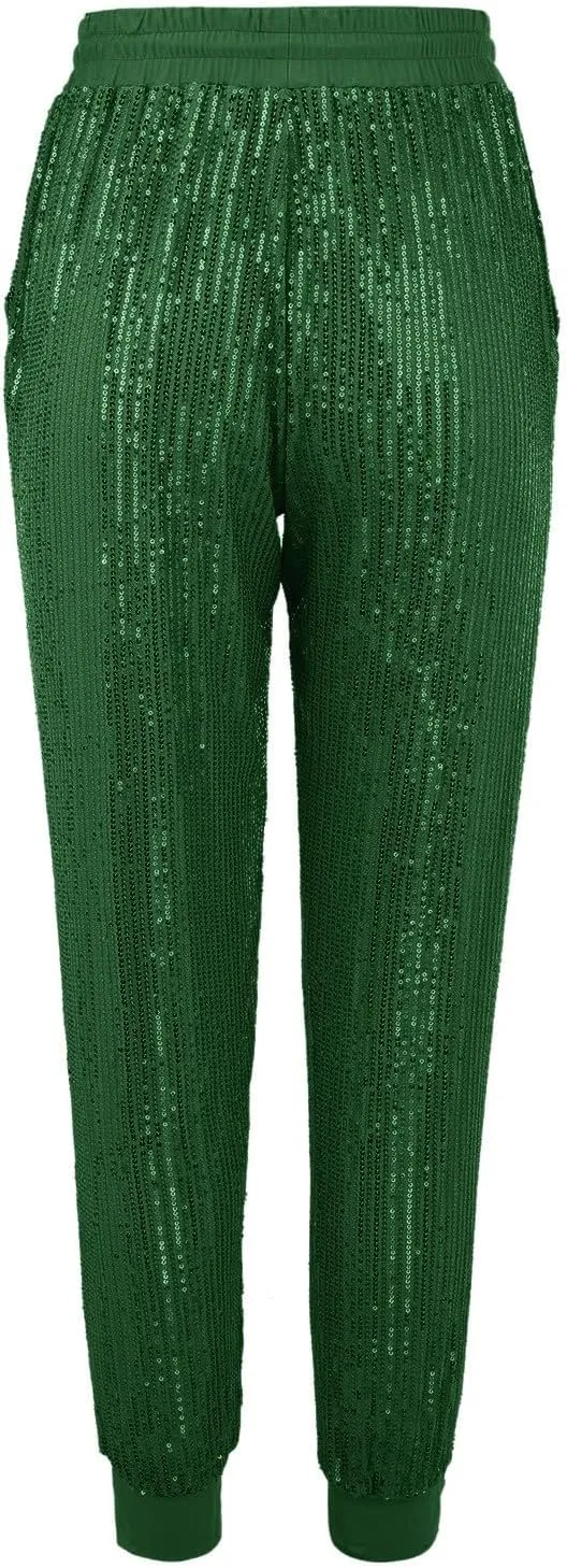 Womens Sequin Jogging Pants High Waist Drawstring Sweatpants Elastic Waist Loose Fit Shimmer Trousers with Pockets