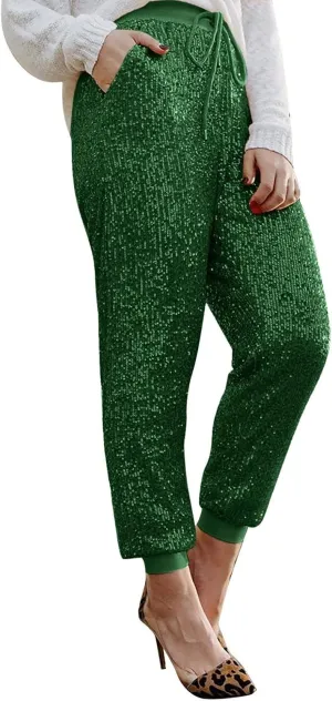 Womens Sequin Jogging Pants High Waist Drawstring Sweatpants Elastic Waist Loose Fit Shimmer Trousers with Pockets