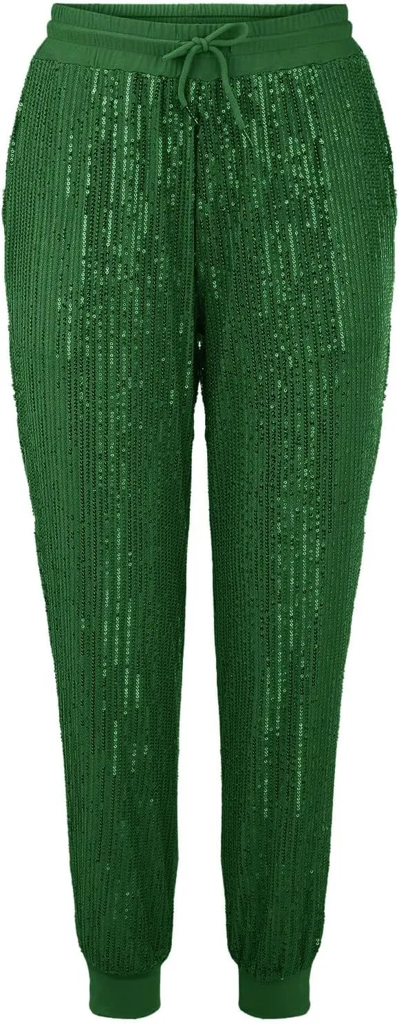 Womens Sequin Jogging Pants High Waist Drawstring Sweatpants Elastic Waist Loose Fit Shimmer Trousers with Pockets