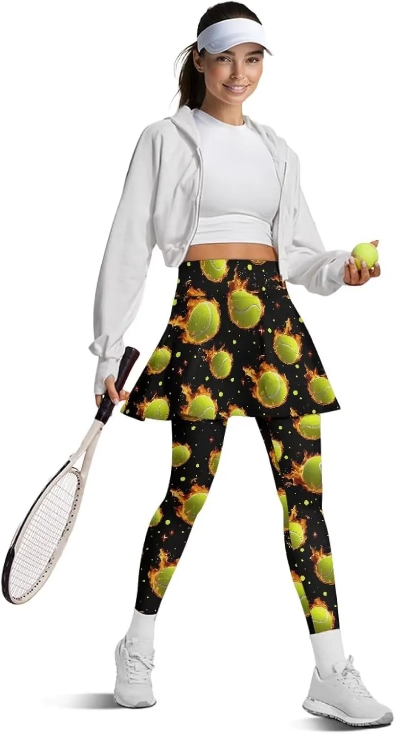 Women's Skirted Leggings Stretch High Waist Long Pants with Skirts Stylish Tennis Pickball Skorts with Pockets