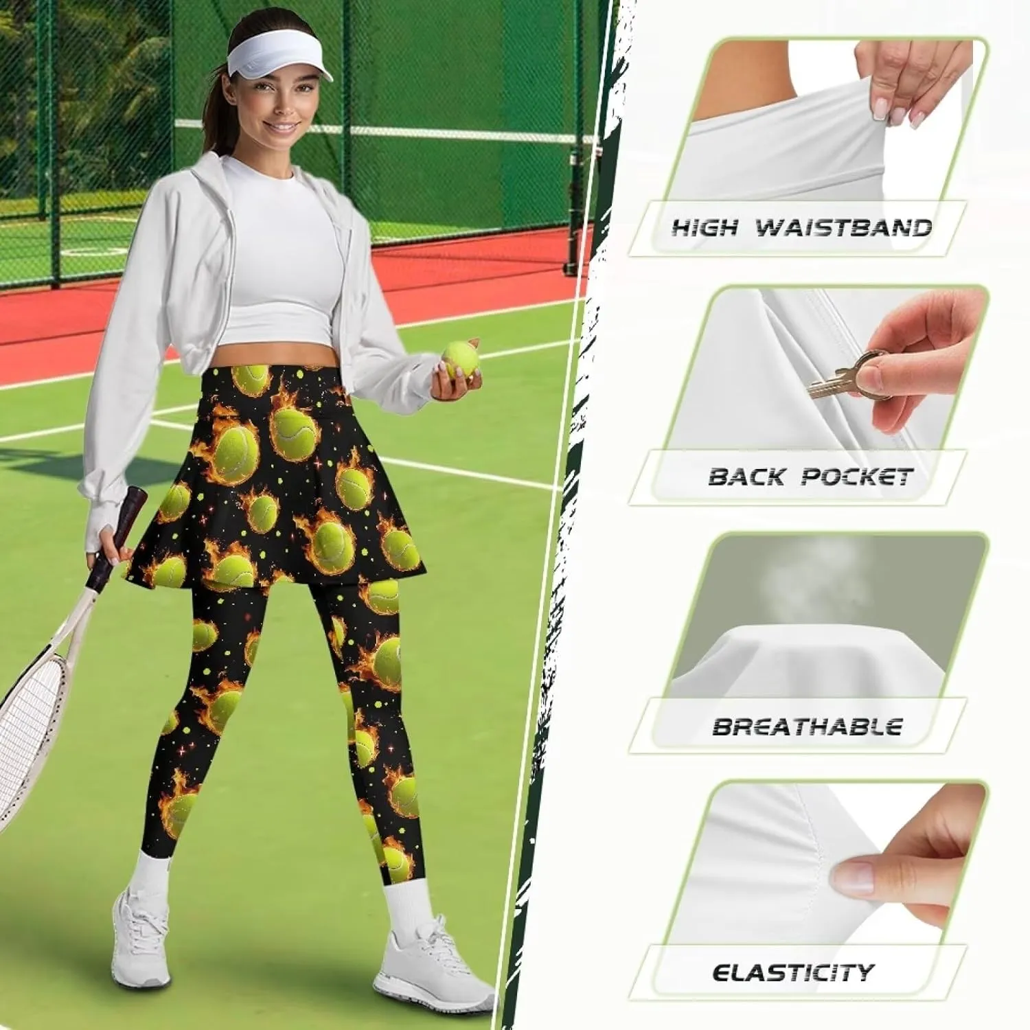 Women's Skirted Leggings Stretch High Waist Long Pants with Skirts Stylish Tennis Pickball Skorts with Pockets
