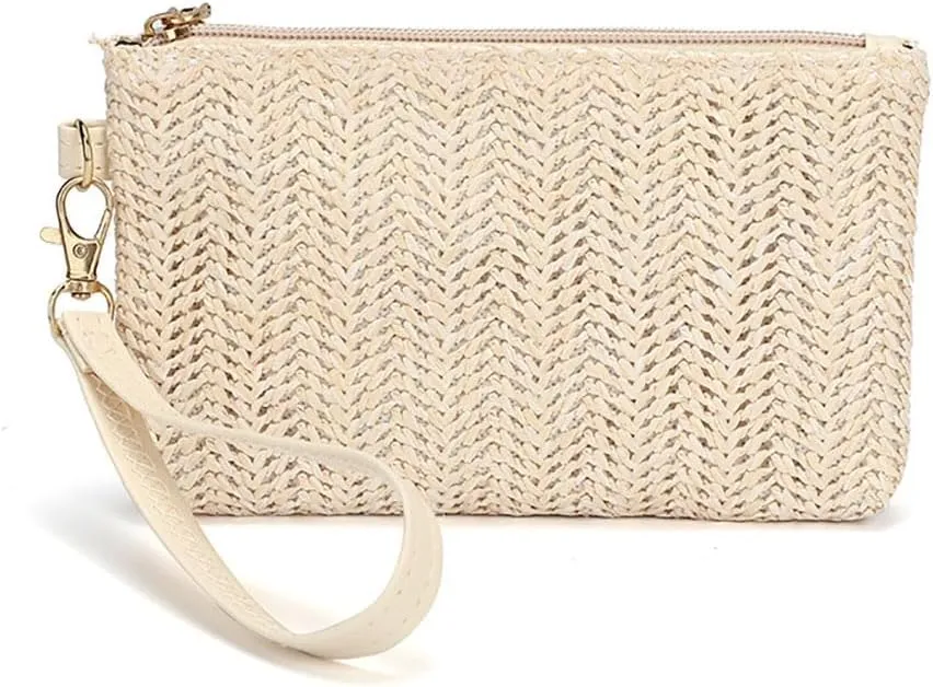 Womens Straw Clutch Bag Bohemian Summer Beach Straw Purse Zipper Wristlet Wallets Gift for Women