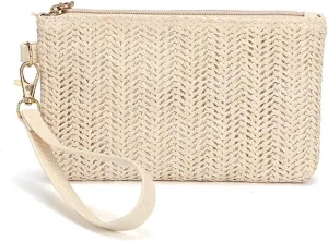Womens Straw Clutch Bag Bohemian Summer Beach Straw Purse Zipper Wristlet Wallets Gift for Women