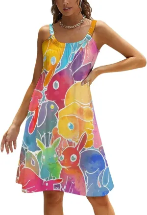 Women's Summer Casual Sleeveless Halter Dress Midi Dress Colorful Rabbit Bunny, Loose Swing Boho Sundress, Crew Neck Plus Size Loose Fit Beach Summer Dresses