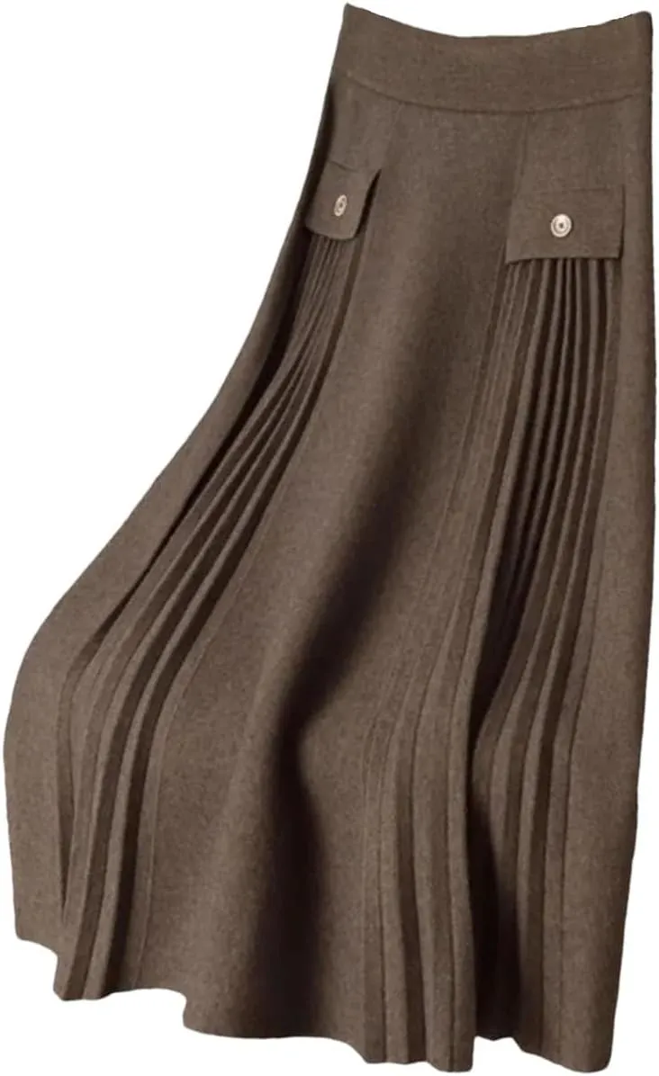 Women's Vintage Elastic High Waist Midi A-Line Pleated Skirts with Pockets Business Office Lady Work Skirts
