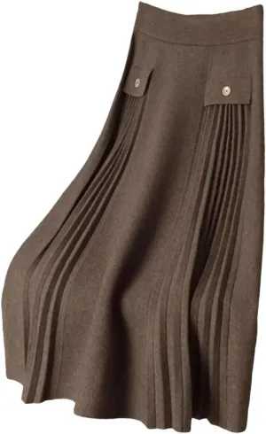 Women's Vintage Elastic High Waist Midi A-Line Pleated Skirts with Pockets Business Office Lady Work Skirts