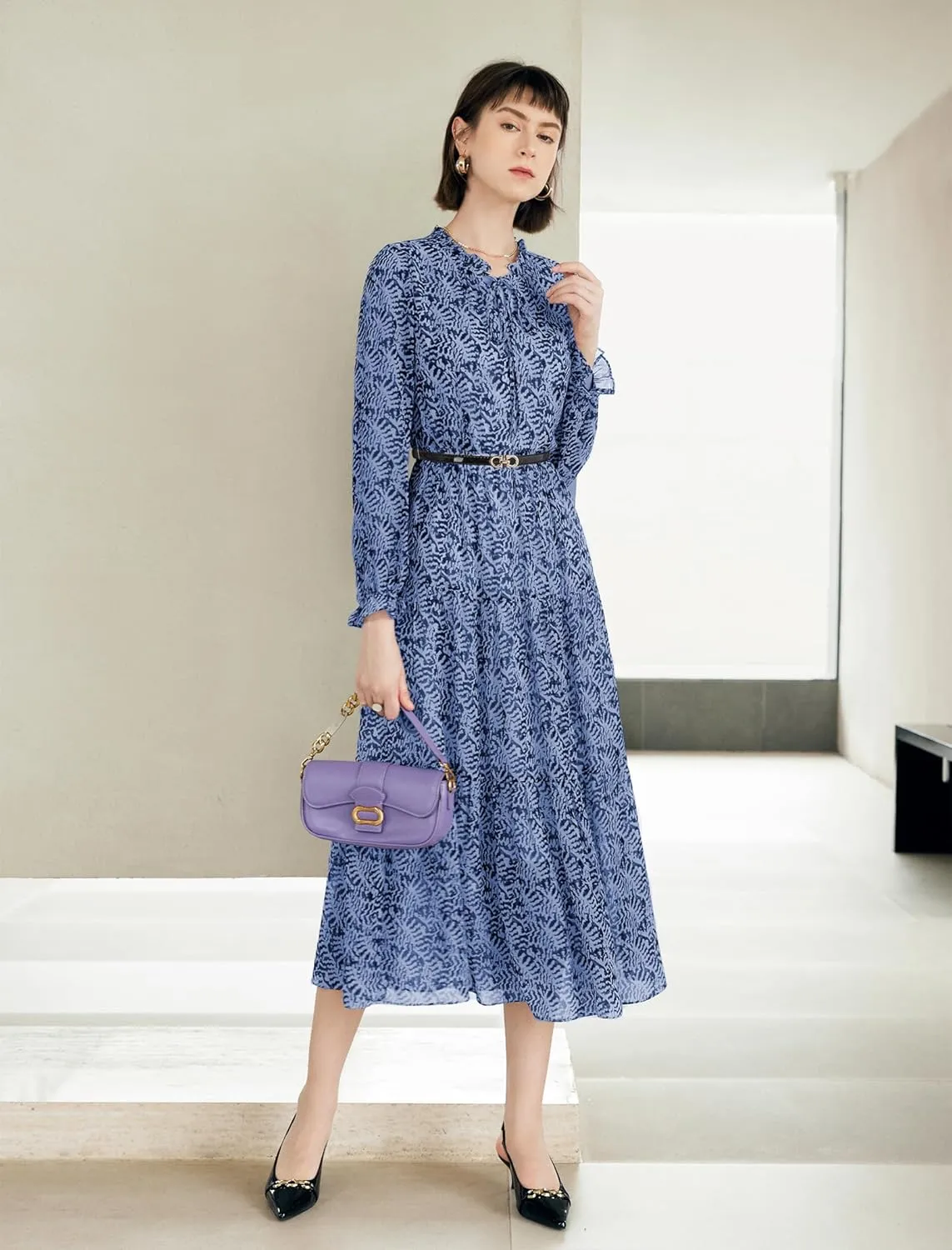 Women's Vintage Floral Print Long Sleeve Dress with Lace Collar and V-Neck Design Mid-Length A-Line Dress