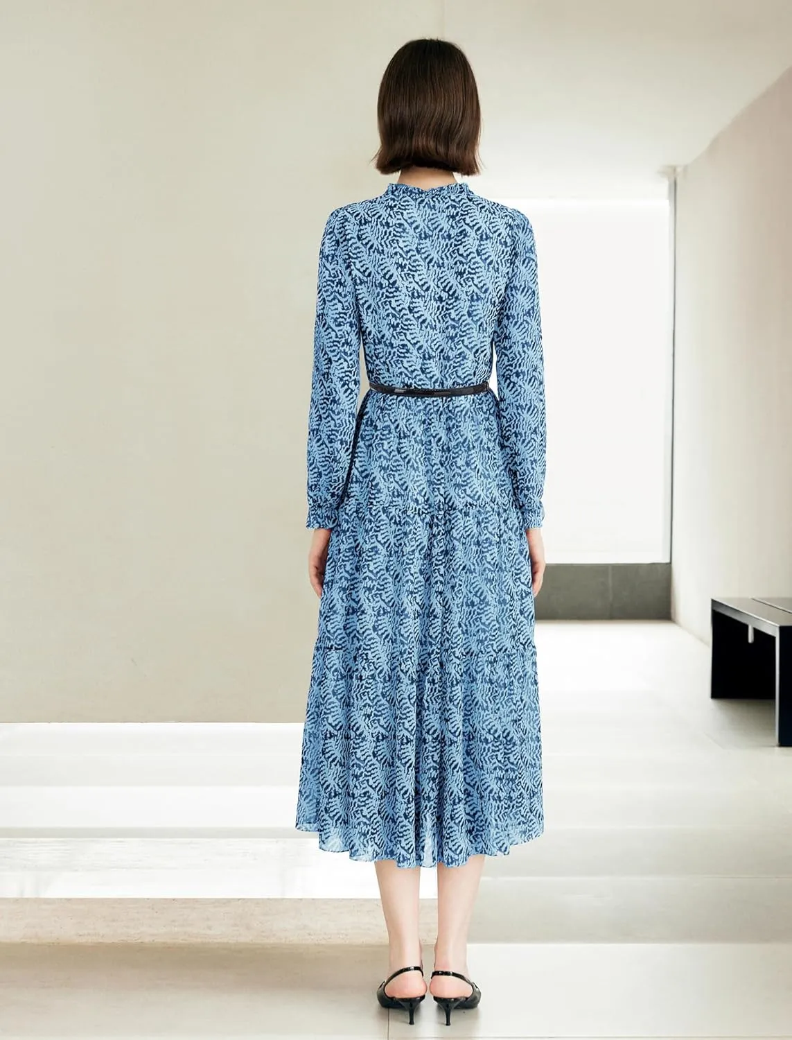 Women's Vintage Floral Print Long Sleeve Dress with Lace Collar and V-Neck Design Mid-Length A-Line Dress