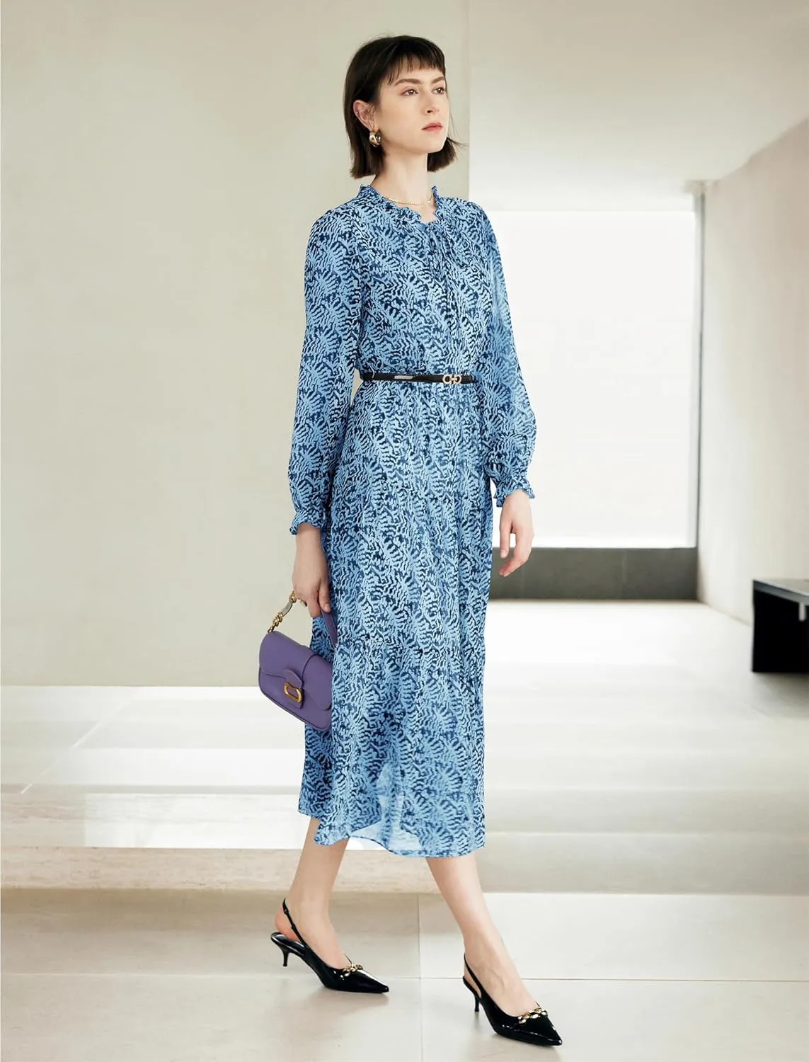 Women's Vintage Floral Print Long Sleeve Dress with Lace Collar and V-Neck Design Mid-Length A-Line Dress