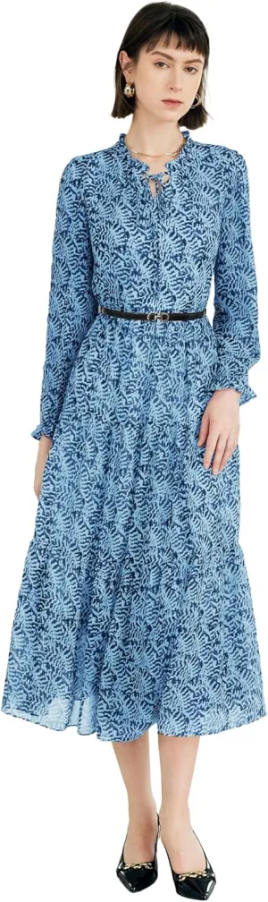 Women's Vintage Floral Print Long Sleeve Dress with Lace Collar and V-Neck Design Mid-Length A-Line Dress